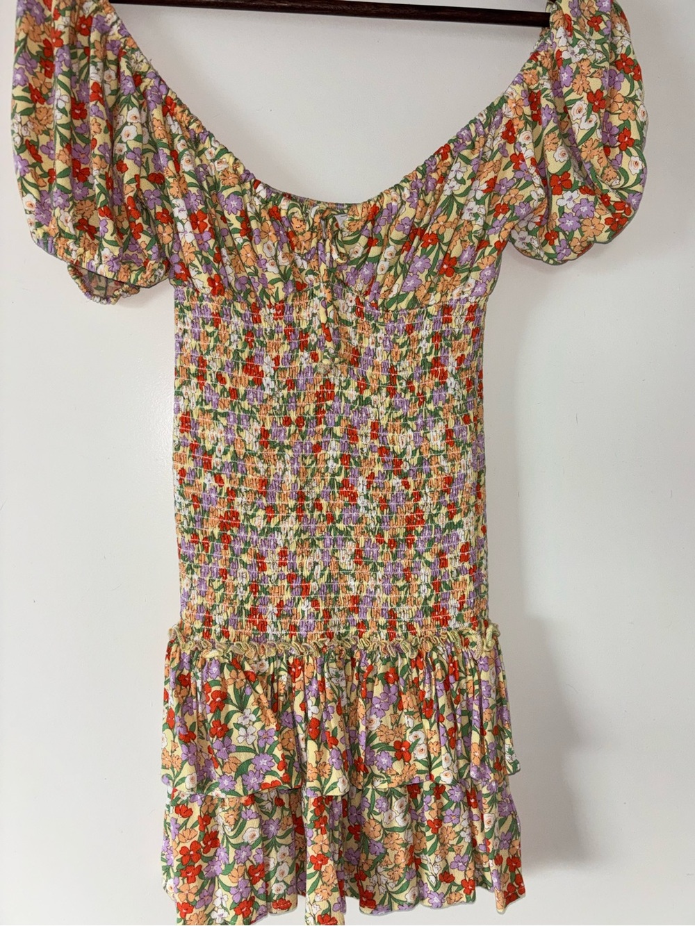 For Love & Lemons Floral Mini Dress in Cream, Red, Purple, Green